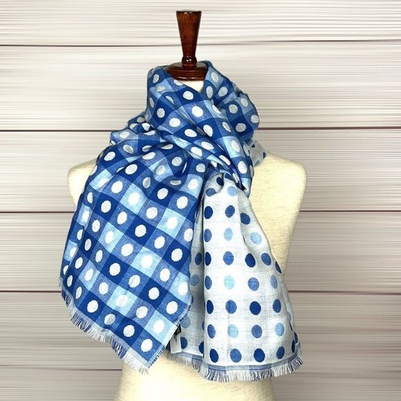 NWT TALBOTS Wool Blend Blue White Polka Dot Check Fringe Trim Wrap Scarf - Picture 6 of 11